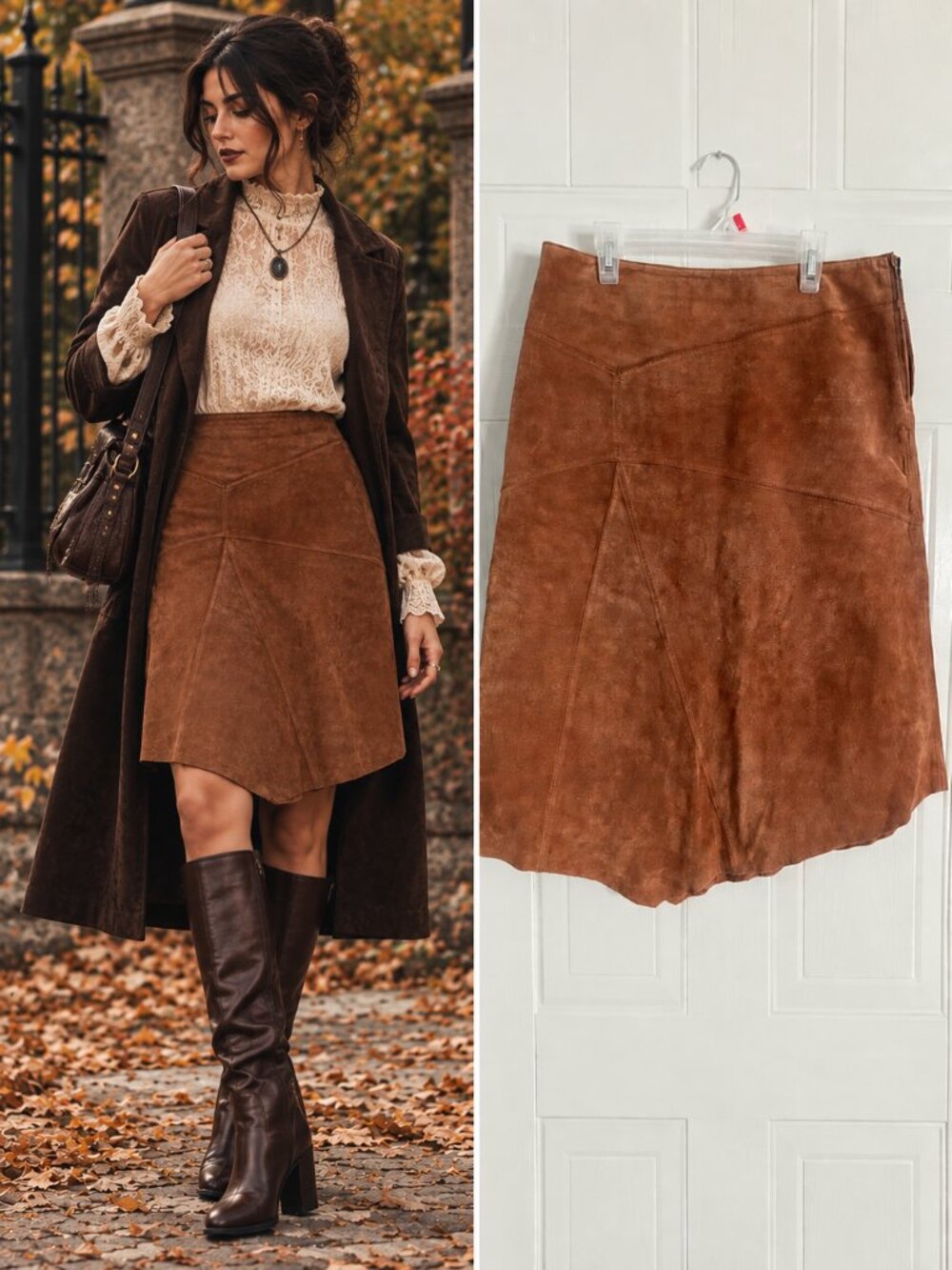 Vintage Le Château Brown Suede Midi Skirt Asymmetrical Hem Western Boho 7/8